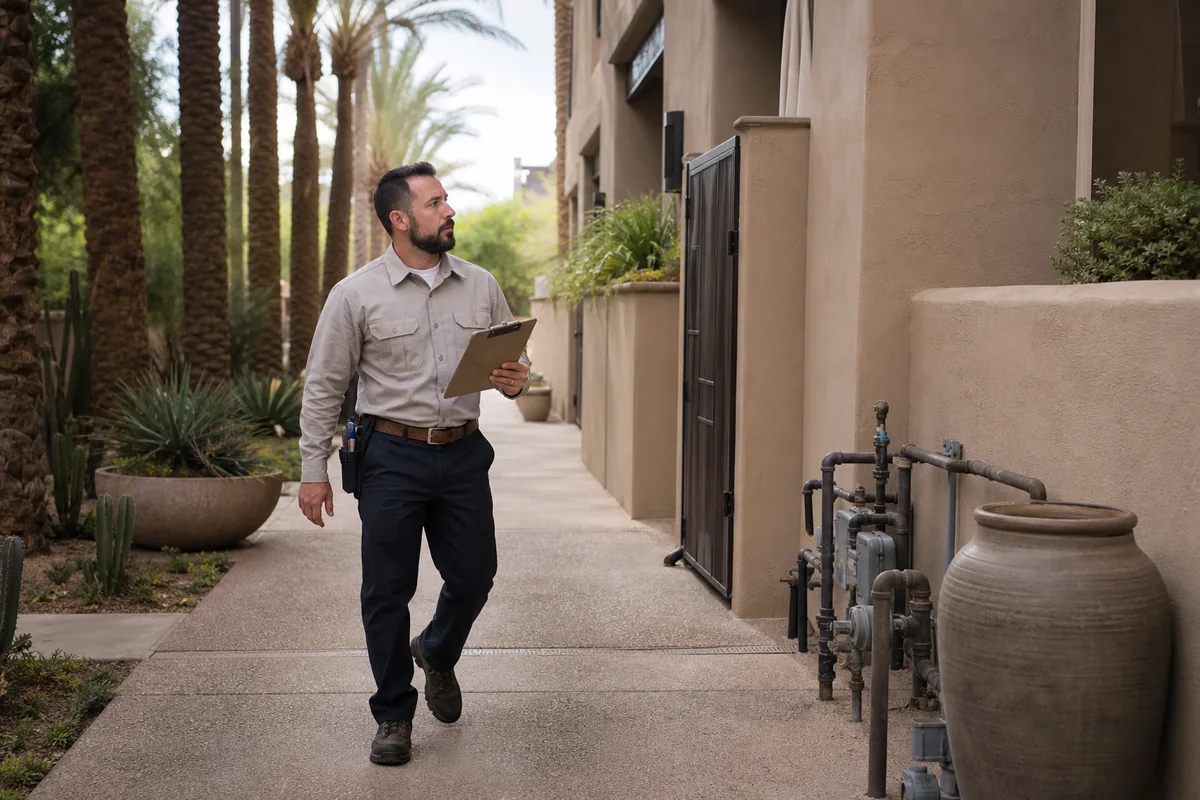 Pest control technician servicing a commercial property in Scottsdale Arizona