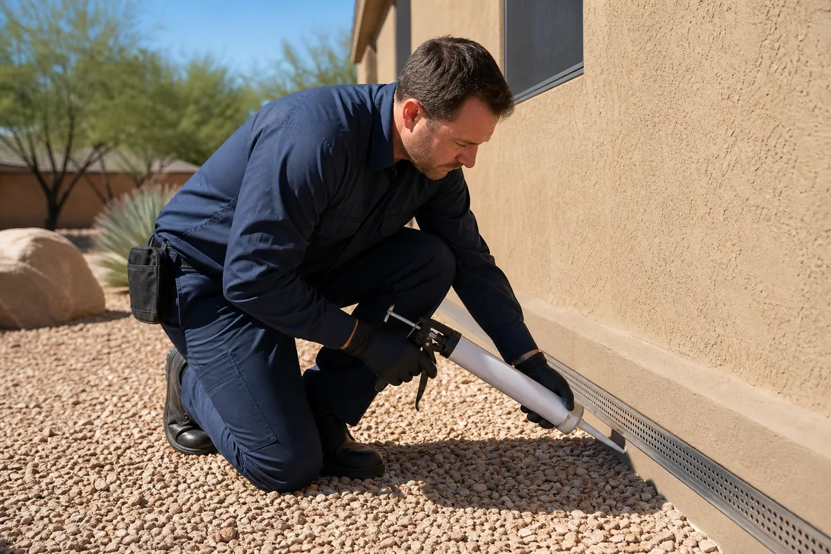 Pest control technician sealing entry points at the base of a Scottsdale home to block scorpions